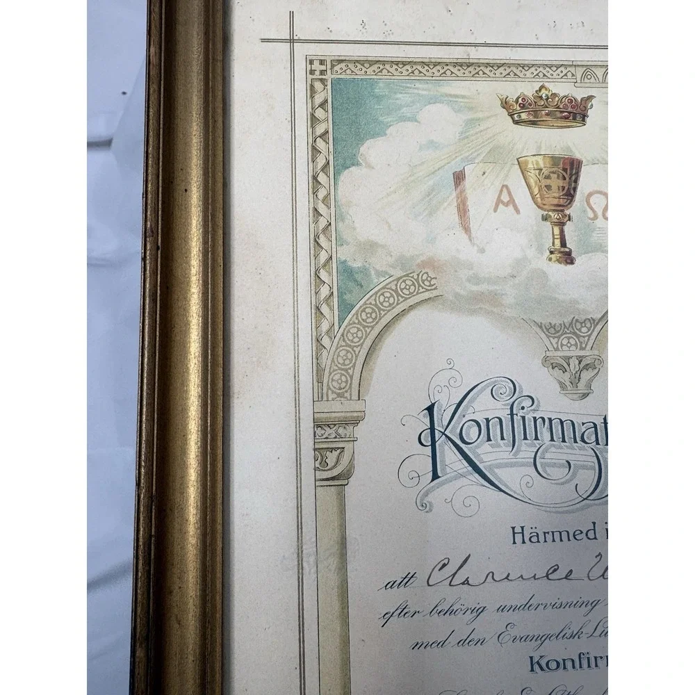 Antique 1914 Swedish Lutheran Confirmation‎ Certificate Framed Konfirmations